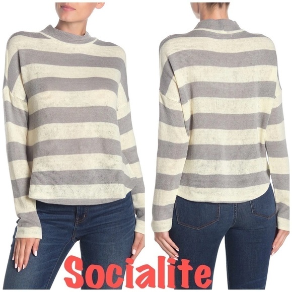 Striped Mock Neck Dolman Sleeve Sweater grey and white.  Long sleeve fall winter - Picture 1 of 10